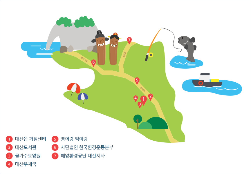 대산읍 거점센터, 대산도서관, 물가수요양원, 대산우체국, 빵이랑 떡이랑, 사단법인 한국환경운동본부, 해양환경공단 대산지사